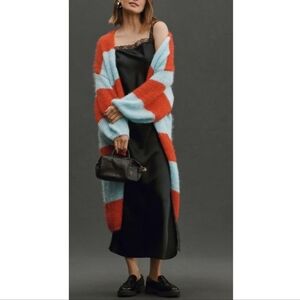 Anthropologie Long Fuzzy Colorblock Striped Cardigan